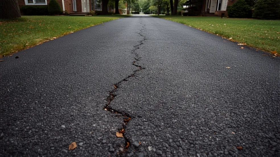 A long meandering crack running down the length of a weathered asphalt surface, grass verges and trees to either side