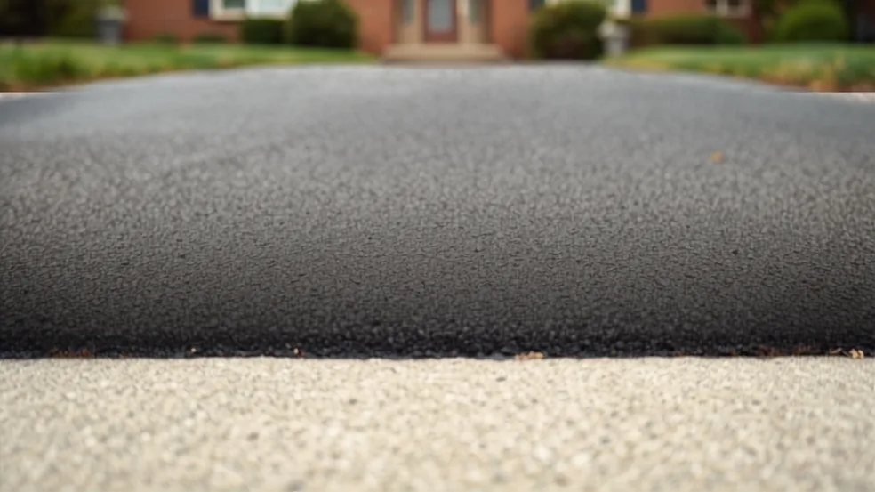 A uniformly dark sealed asphalt surface meeting a pale concrete edge, photographed low with the background thrown out of focus