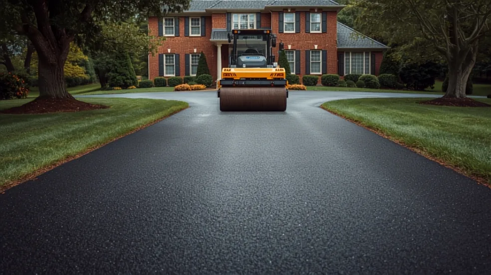 A steel drum roller compacting a fresh mat of dark asphalt on a residential driveway, a brick house and mown lawns behind it