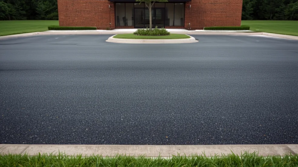 A newly paved commercial parking lot before any line marking, smooth dark asphalt meeting a concrete kerb and a landscaped island