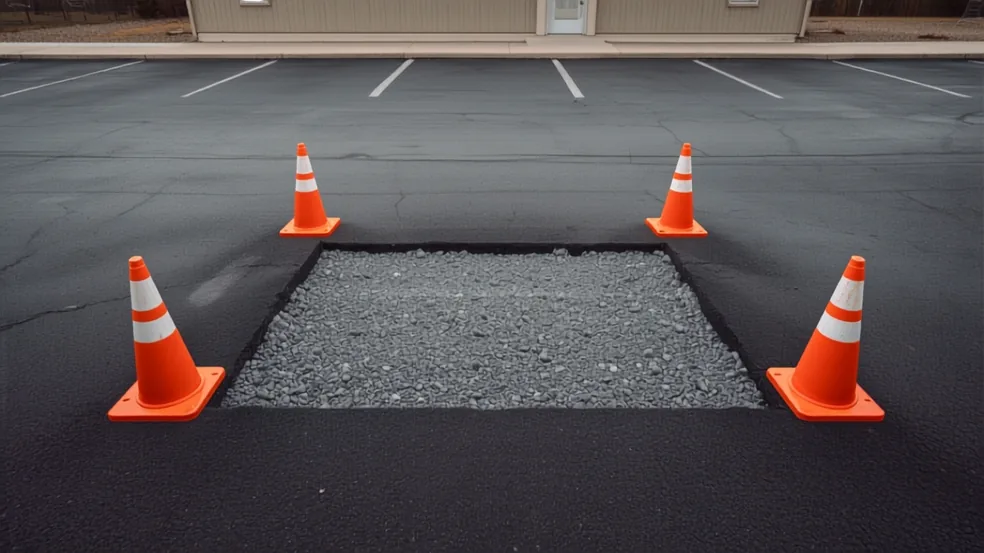 A rectangular section of a commercial lot saw-cut and removed down to the grey stone base, orange cones set around the opening