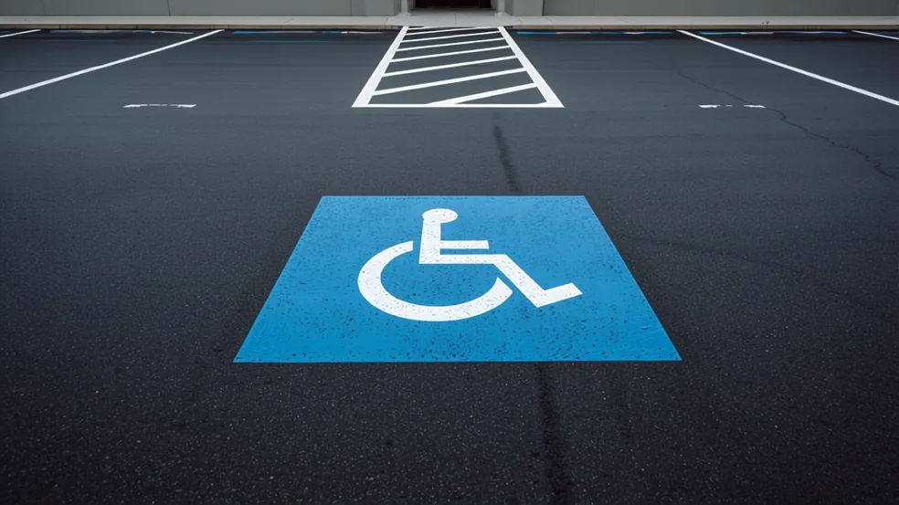 A freshly painted accessible parking space marked in blue with a white wheelchair symbol, beside a hatched access aisle and white stall lines